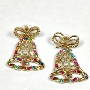 Isles & Stars Christmas Bell Drop Earrings Gold Tone Metal Plastic Rhinestones